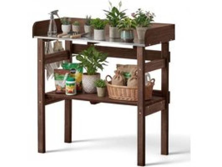 VEVOR Pflanztisch, Gärtnertisch, Gartenarbeitstisch mit Großer Holzplatte, Ablageflächen & Haken, Blumentisch, Outdoor Umtopftisch ideal für Terrasse, Garten & Balkon, Braun, 780x380x820 mm