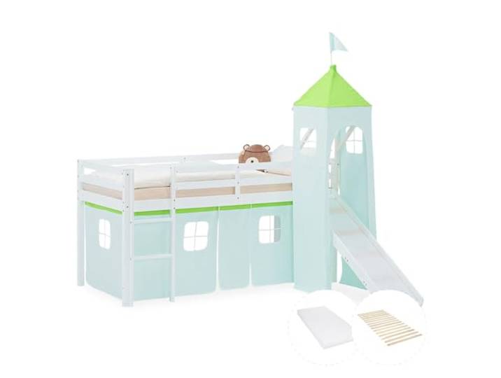 Homestyle4u 90x200 Hochbett mit Rutsche Matratze & Lattenrost Weiß Kiefer Stabiles Kinderbett mit Vorhang & Turm in Grün - Massivholz Etagenbett aus Kiefernholz inklusive Absturzsicherung