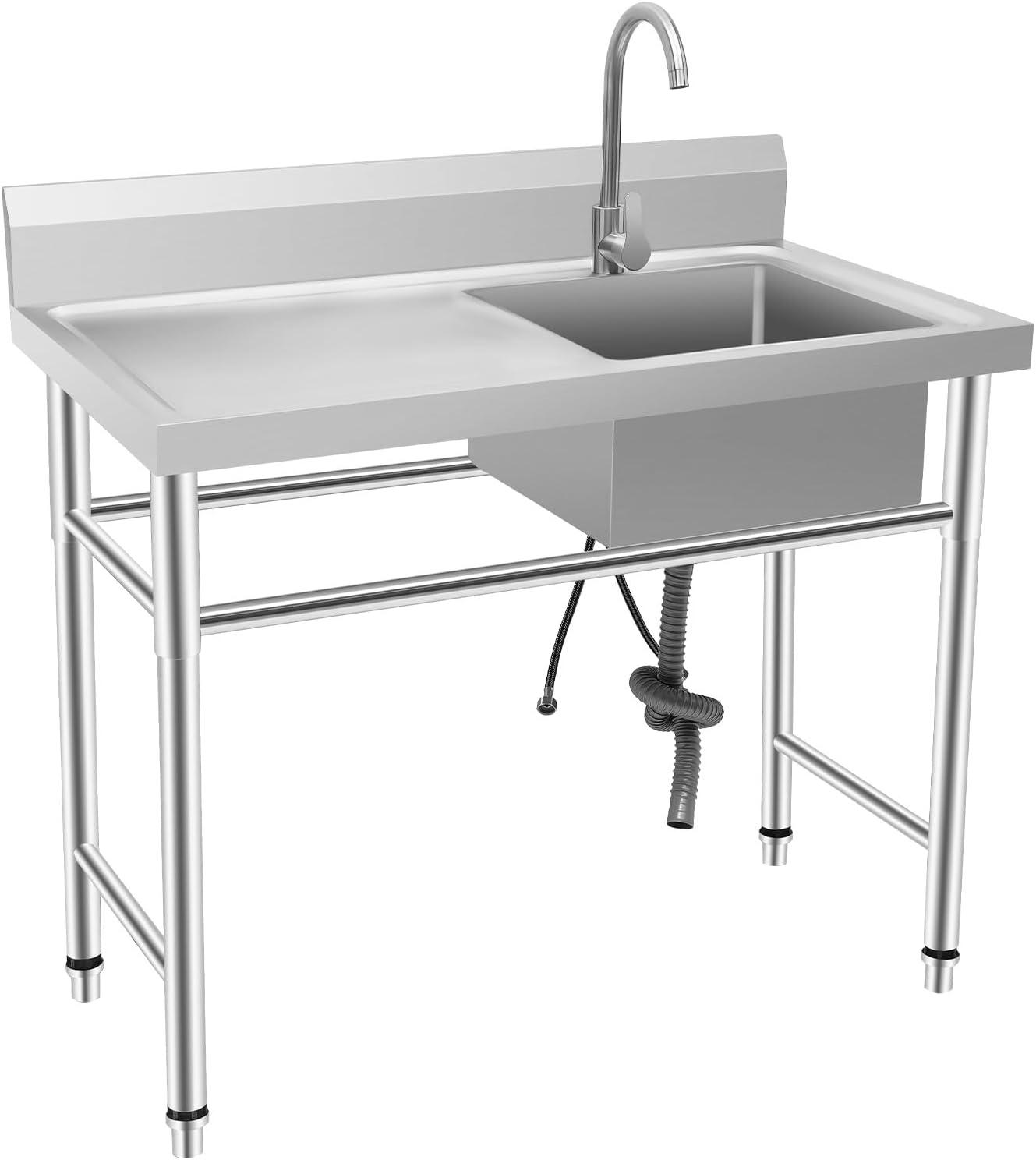 Edelstahl Spülbecken mit Arbeitstisch und Mischbatterie, 1 Becken, freistehender Profi Spültisch, 100x60x93cm, multifunktionaler Waschtisch rechts für Küche, Wäsche und Garage