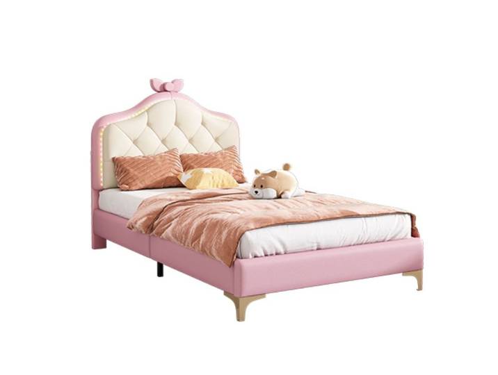 Flieks Polsterbett, LED Beleuchtung Kinderbett Einzelbett Schleife am Kopfteil 90x200cm
