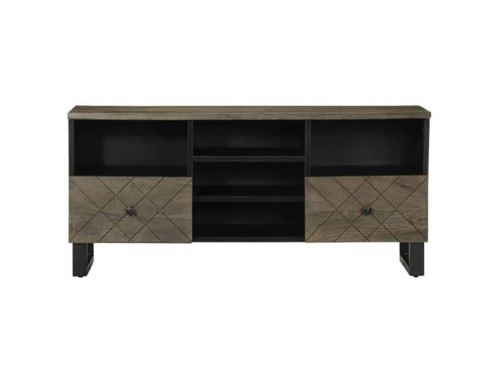 KTHLBRH TV-Schrank Schwarz 100 x 33 x 46 cm Massivholz Mango Metallfüße, großer Stauraum, stabile Tischplatte mit grauem Sandstrahl-Finish