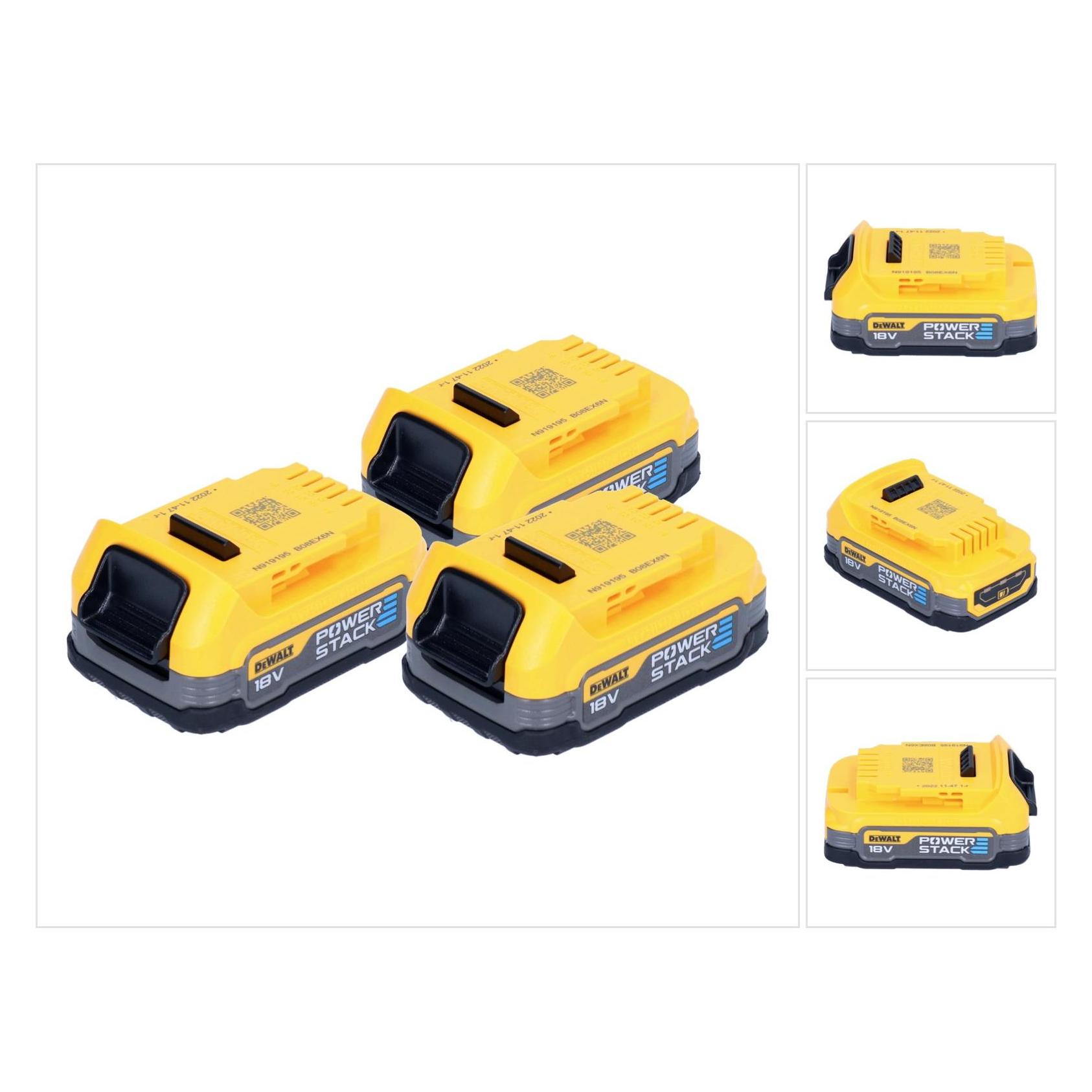 DeWalt Akku Set DCBP 034 E3 3x Powerstack Akku 18 V 1,7 Ah / 1700 mAh XR Li-Ion - mit Ladestandanze (18 V) (DCBP034)
