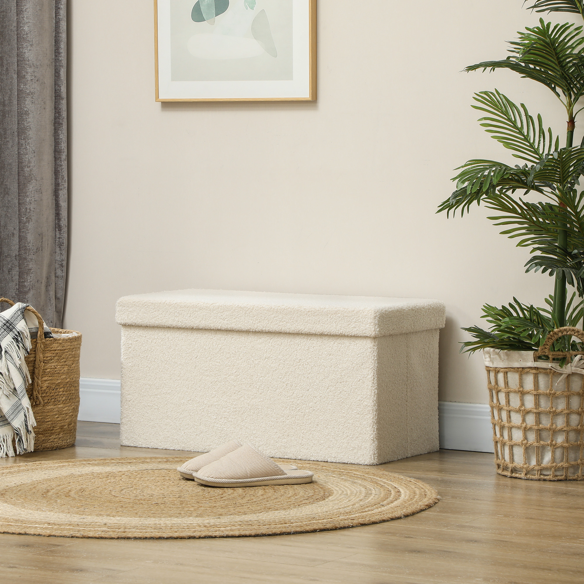 Homcom Panca Contenitore 84 L Pieghevole e Imbottita in Tessuto Teddy, 76x38x38 cm, Crema   Aosom Italy