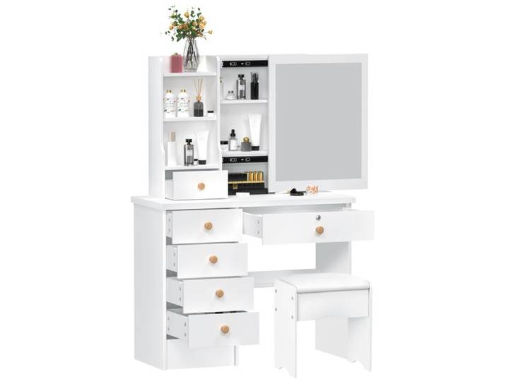Coiffeuse avec miroir coulissant - WILITTO - 6 tiroirs - étagères ouvertes et espace dissimulé - blanc - 80x37x122cm