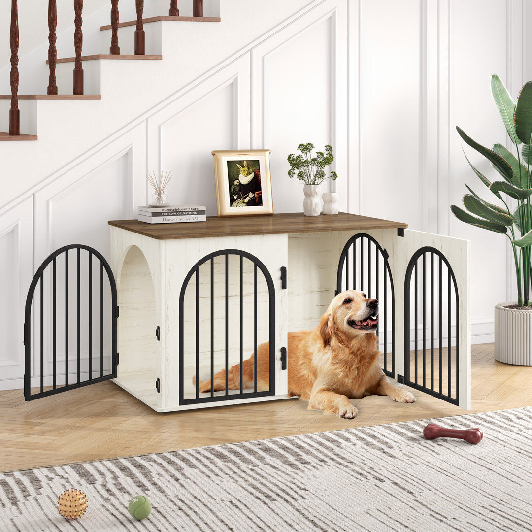 Ebern Designs Dog Crate Furniture, 100 cm Wooden Dog Crate, Indoor Kennel for Small/Medium/Large Dogs, End Side Table Animal Crates, Anti-Chew, Anti-Escape, Arched White/Brown
