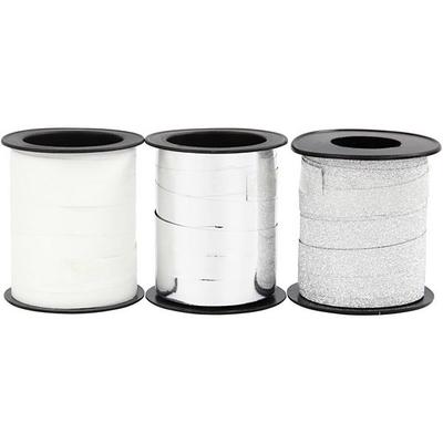 Creativ Company Kräuselband, B 10 mm, Silber, Glitter silber, Weiß, 3x15 m