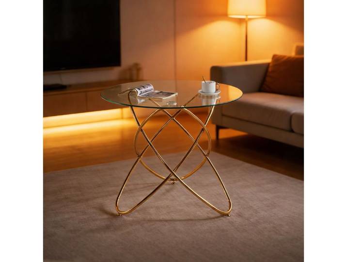 Table à manger dorée plateau en verre pieds métal style moderne montage nécessaire
