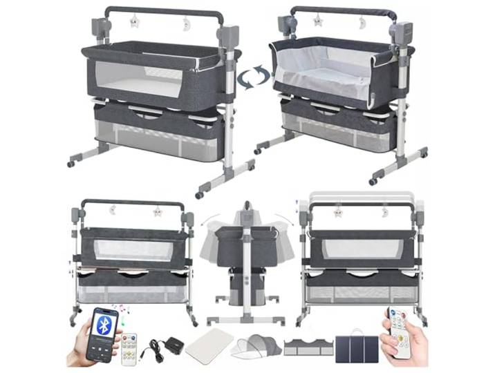 Magic ZC Elektrische Bluetooth Intelligent Beistellbett Baby mit Rollen, Faltbar Co-Sleeping Babybett, Stubenwagen Kleinkind Wiege mit Fernbedienung, Musik und 5-schwankende Zahnräder (601 Grey)