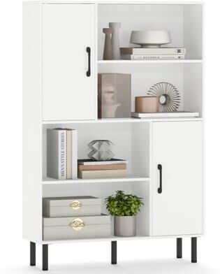 Costway 47 Inch Storage Cabinet Freestanding Bookcase with 2 Doors and 4 Open Shelves-White