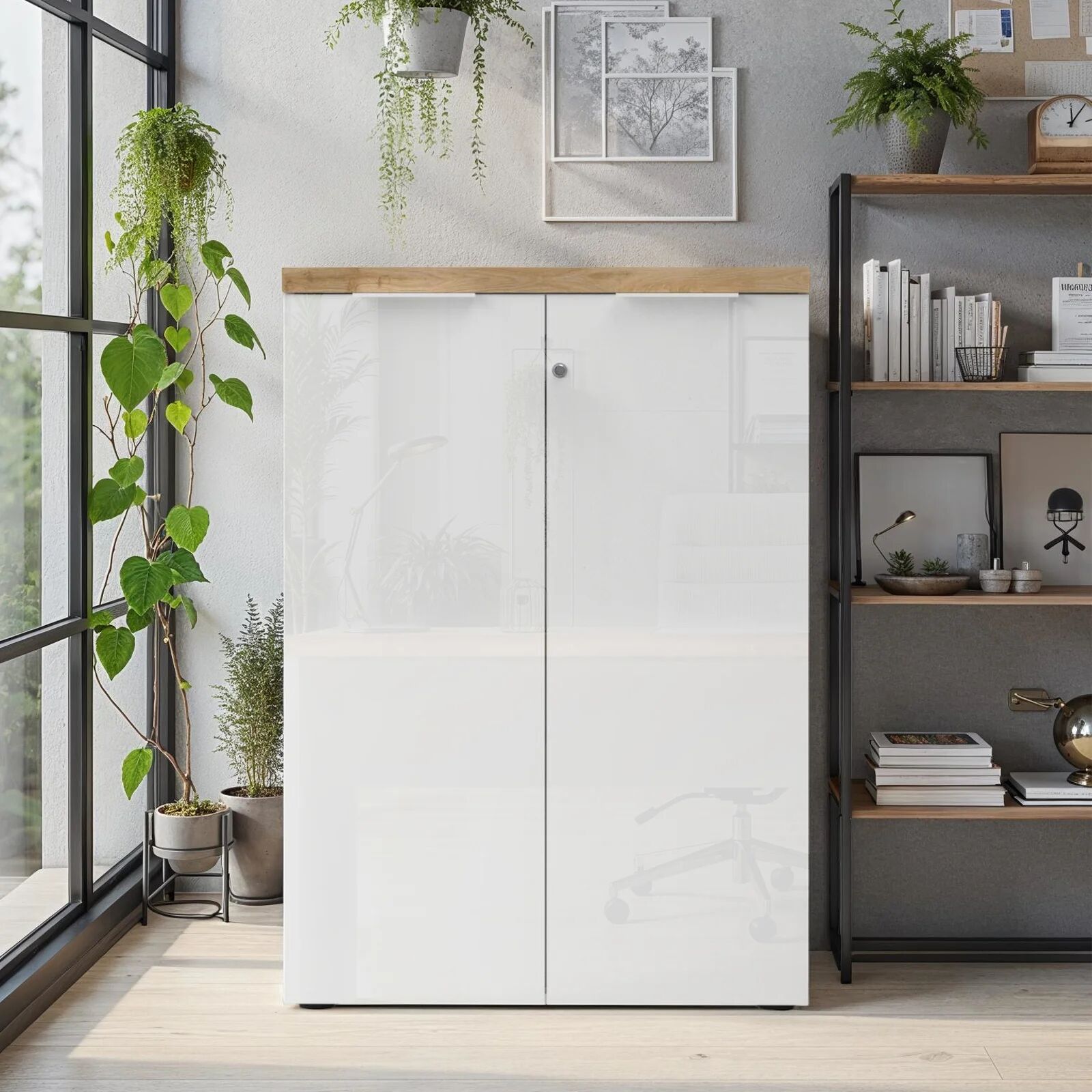 garneroarredamenti Armadio ufficio con serratura 80x115h cm 2 ante bianco lucido rovere chiaro Opera