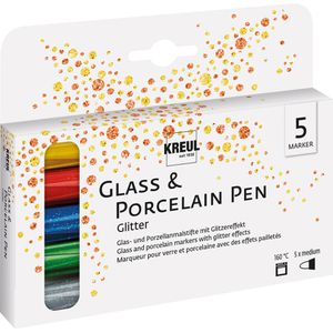 Kreul Porzellanstifte Glass & Porcelain Pen Glitter, 16530, 5 Farben, Rundspitze 1-3 mm, spülmaschinenfest, 5 Stück