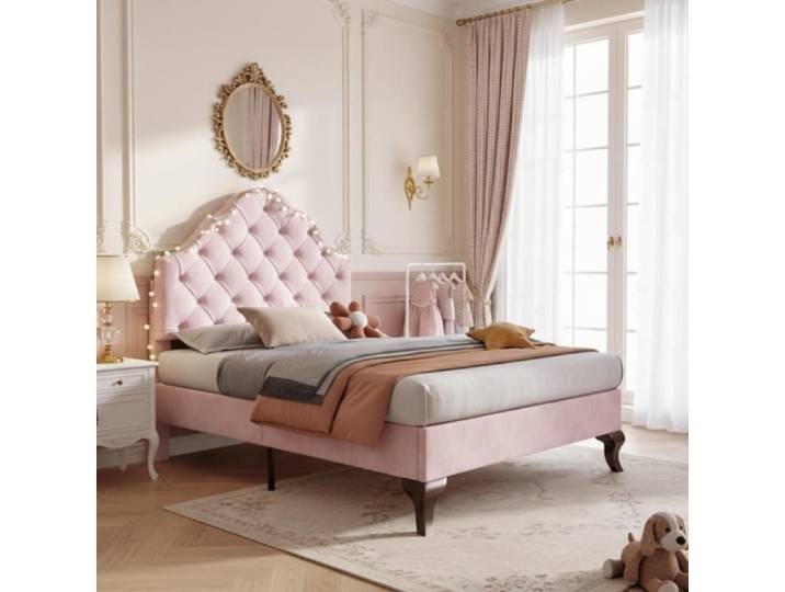 Lit ULEVR tête de lit réglable sommier à lattes rose 90x200 cm