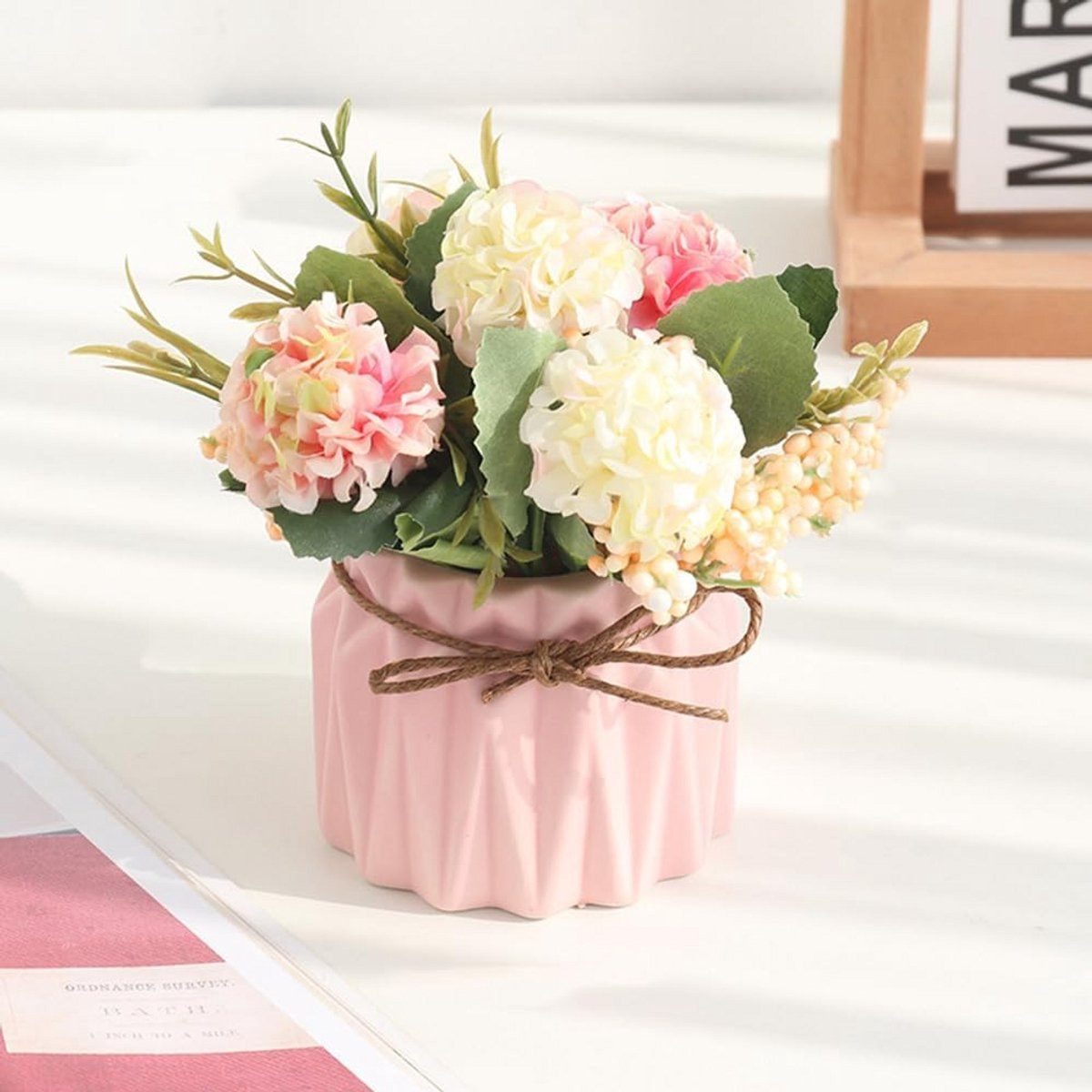 Decoratieve zijden hortensia kunstbloemen met kleine vaas voor woondecoratie