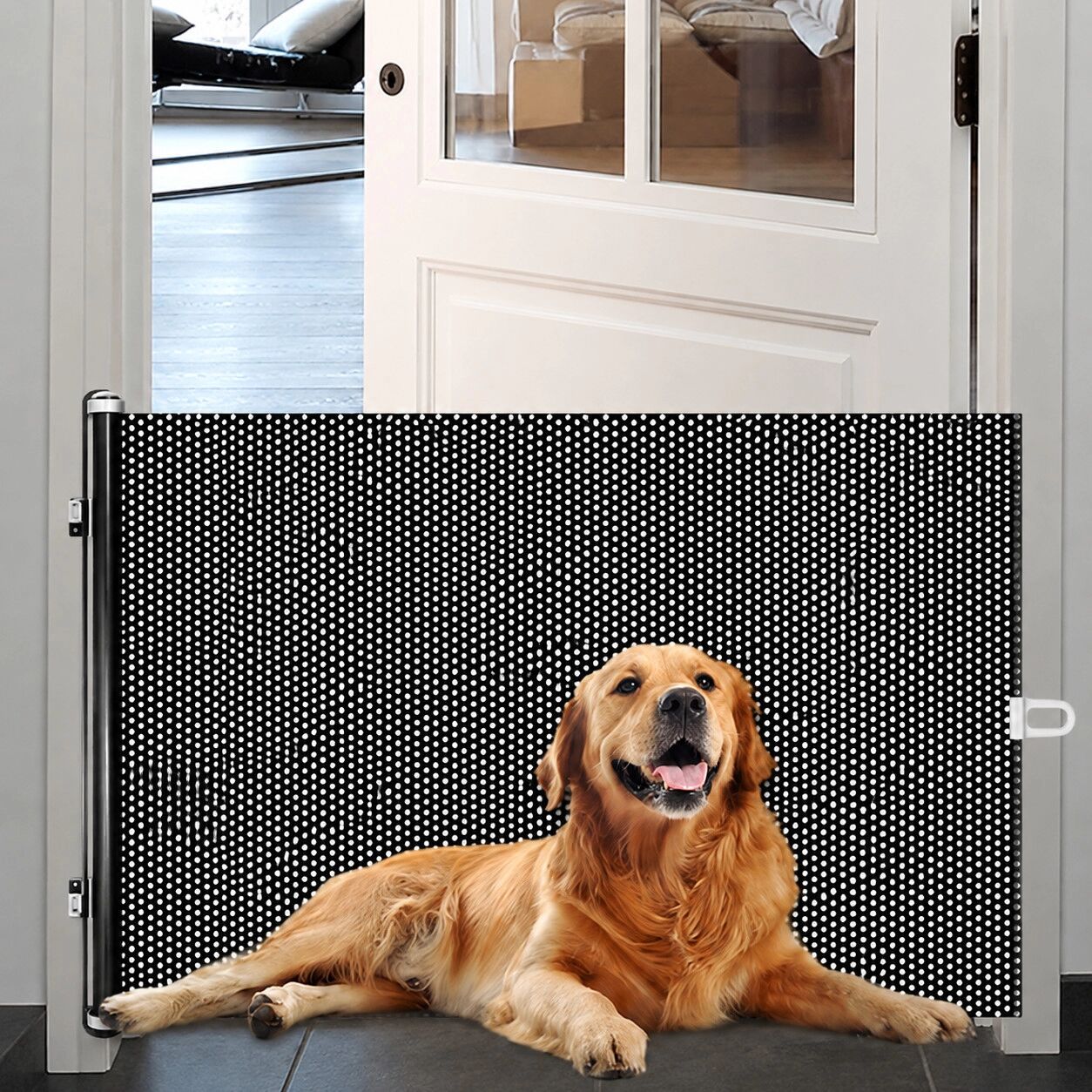 INF Einziehbares hohes Haustiergitter mit Doppelhaken – bohrfreie, platzsparende Barriere bis 125cm, ABS+PVC 50 cm