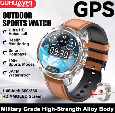 Inspire Picks AeroTrack Pro GPS Smartwatch AMOLED NFC Calling Sports Watch brown Leather