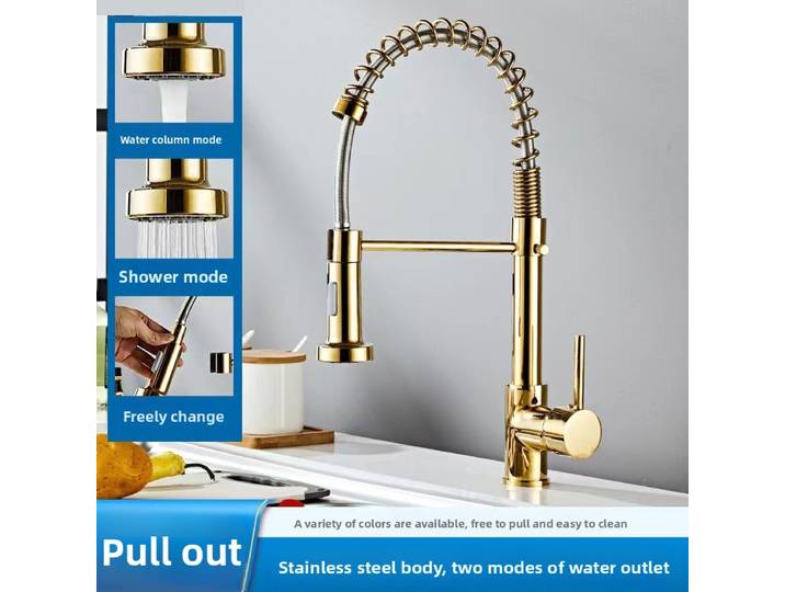 Robinet d'eau chaude et froide de cuisine en acier inoxydable à ressort extractible, évier, lavabo, robinet rotatif universel anti-éclaboussures