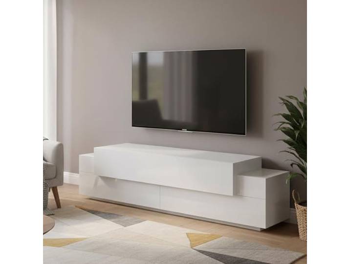 Dmora - TV-Schrank Teo, niedriges Wohnzimmer-Sideboard, Fernsehständer-Basis, 100% Made in Italy, 200 x 45 x 52 cm, glänzendes Weiß,