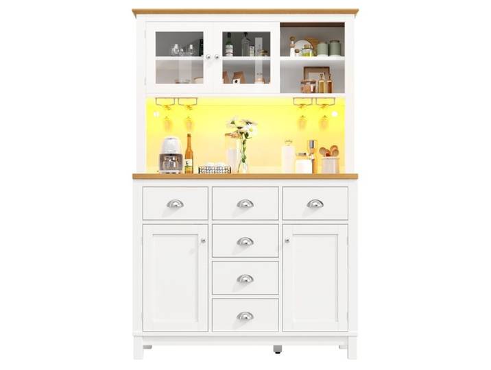 Armoires Cuisine Meuble Buffet Cuisine avec LED Haut Vaisselier avec 4 Portes et 6 Tiroirs MDF Buffet Salon 104x40x180cm Blanc