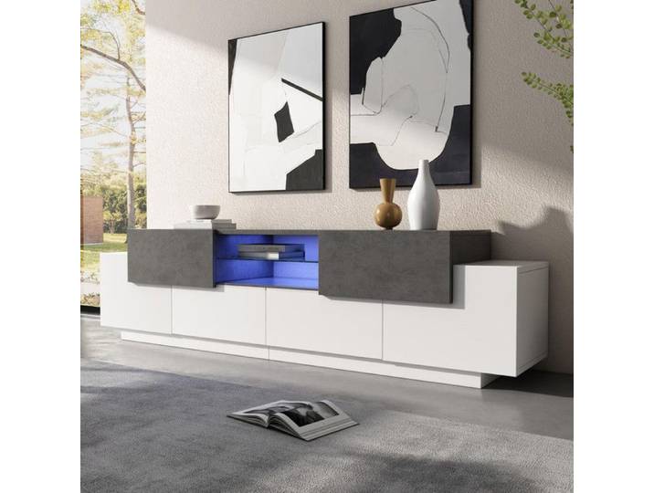 Meuble TV LED commode TV bas meuble de divertissement TV avec étagères en verre pour salon chambre console TV avec rangement