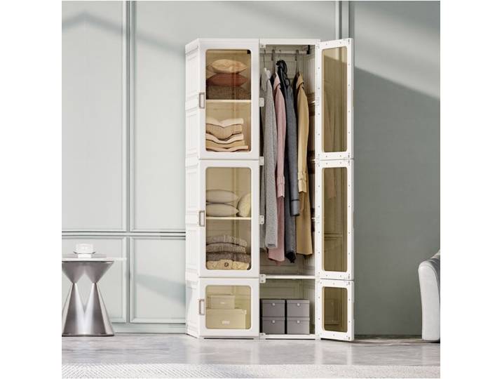 Armoire - 6 Étagères 10 Espaces de Rangement -Moderne Armoire de Chambre -Porte magnétique transparente - pour Chambre à Coucher