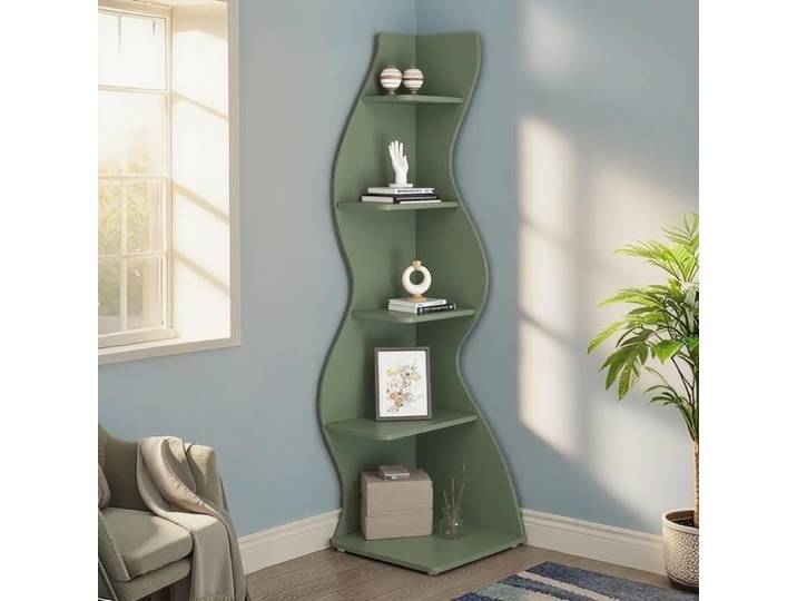 Étagère d'angle moderne à 5 niveaux petite bibliothèque d'angle élégante avec forme unique pour salon bureau à domicile - Vert