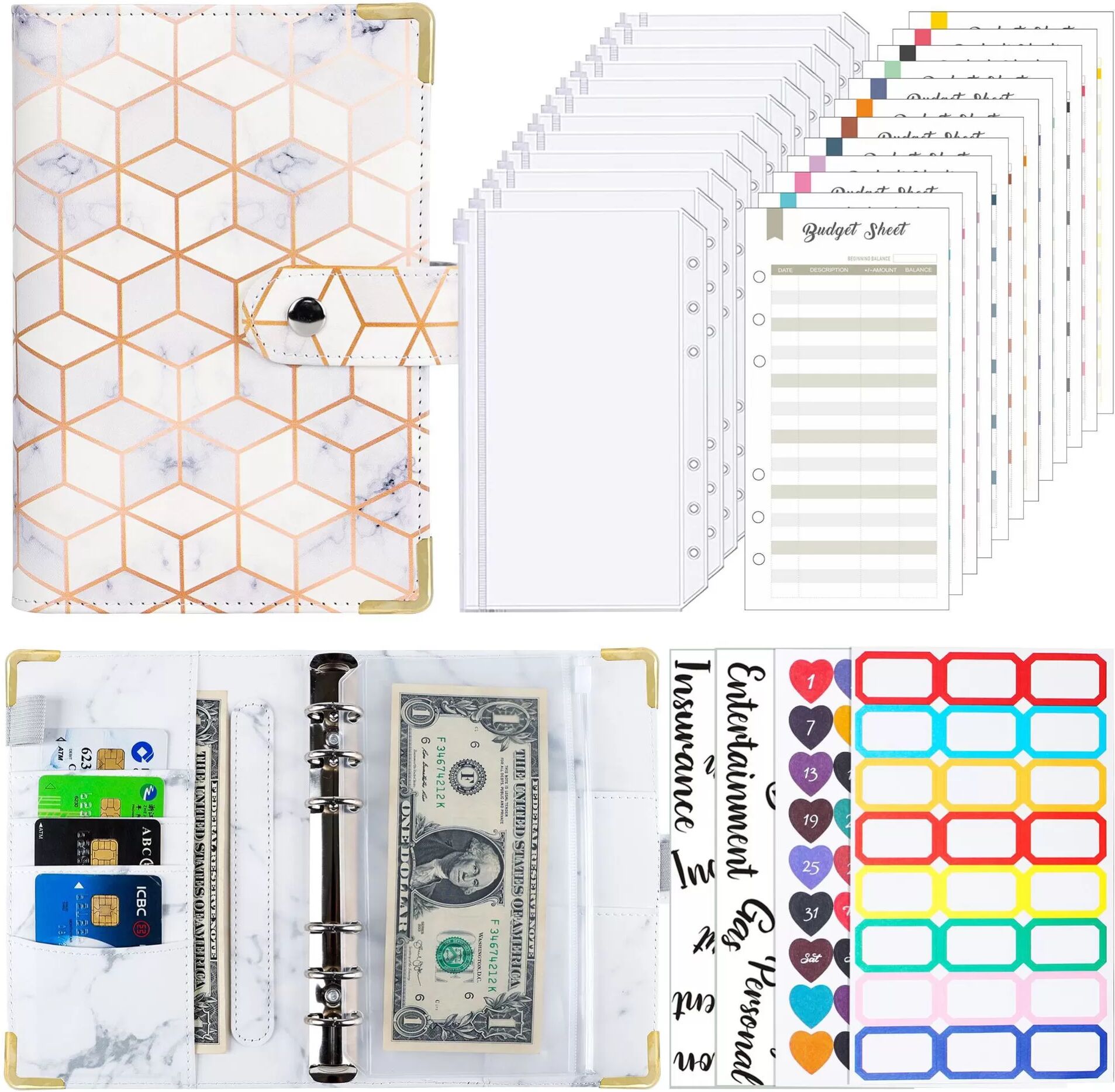 INF Classeur budget A6 avec enveloppes pour espèces - Classeur zippé en cuir PU