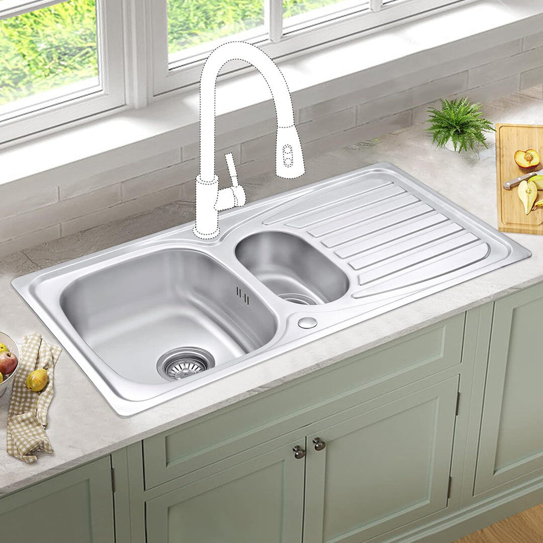 Belfry Kitchen Neely 500mm W Double Bowl Stainless Steel Kitchen Sink with 2 Faucet Holes Satin 950mm L