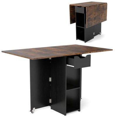 Costway 47.5 Inch Farmhouse Extendable Wooden Dinner Table with Lockable Wheels-Rustic Brown