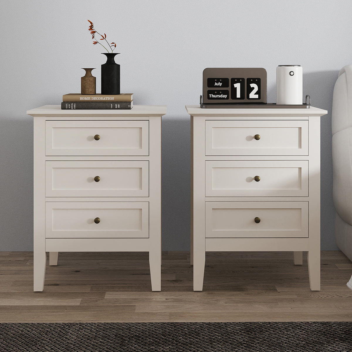 Pair of 3 Drawer Bedside Table - Rowley Pale Cream Range Coated MDF, Metal