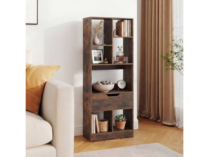 Bibliothèque sur Pieds à 7 Cubes COSTWAY 1 Grand Tiroir Kits Anti-Basculement Étagère Livre pour Salon 50 x 24 x 130 cm Marron