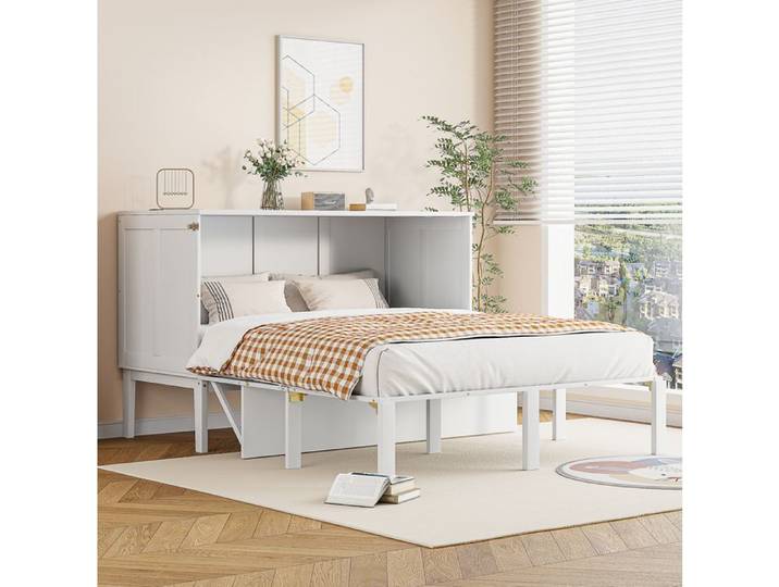 Lit escamotable vertical 140x200 cm blanc avec sommier gain de place