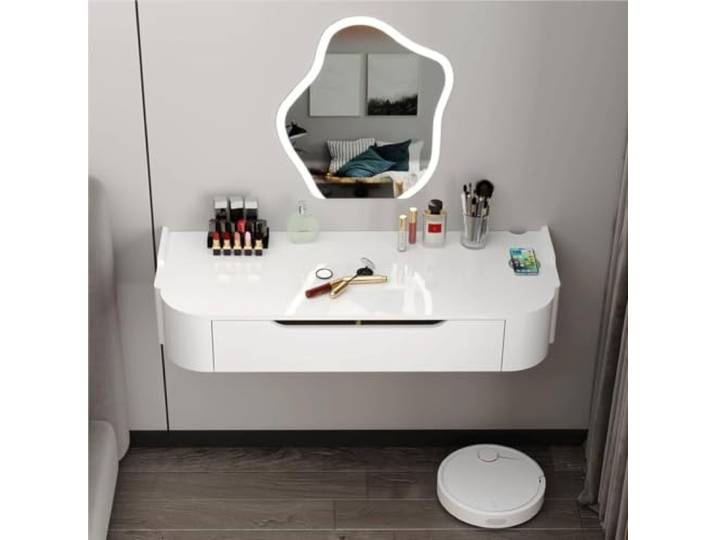 Wandmontierter Schwebender Schminktisch aus Weißem Holz Abgerundete Ecken Modern Stabil, Platzsparend, Mit Schubladen, für Schlafzimmer, Badezimmer & kleine Räume(With mirror)