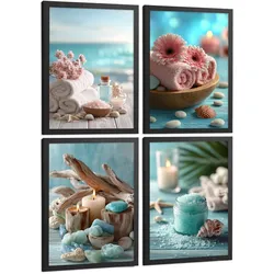 POSTER 4er-Set Badezimmer-Wandposter, Strand-Spa-Poster für Waschbecken, Dusche, WC mit Muscheln, Kerzen, Handtüchern und Meersalz Schwarzer Rahmen A3