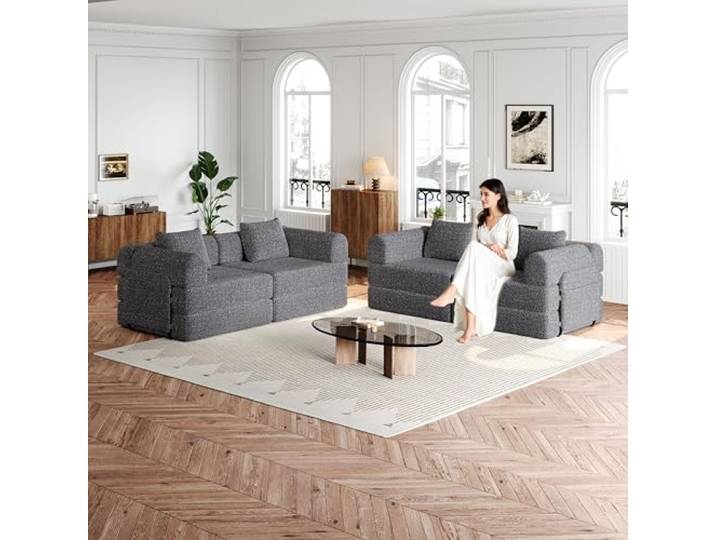 Chenille Schlafsofa klappbar 1-Sitzer Grau mit Staufach 2-in-1 Schlafsofa mit Staufach in der Armlehne und drei Metallrahmen