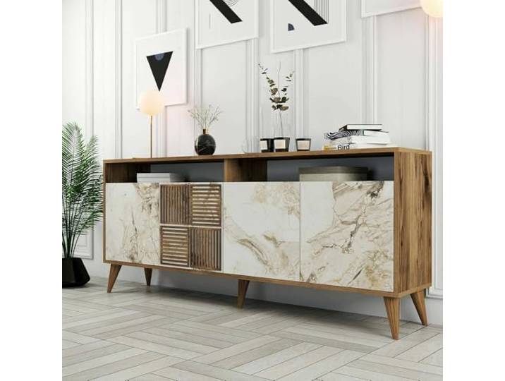 Dmora - Konsolentisch Virgo, Wohnzimmer-Sideboard, niedriger TV-Schrank, ausgestatteter Wandsockel, 180 x 35 h79 cm, Walnuss und weißer Marmor