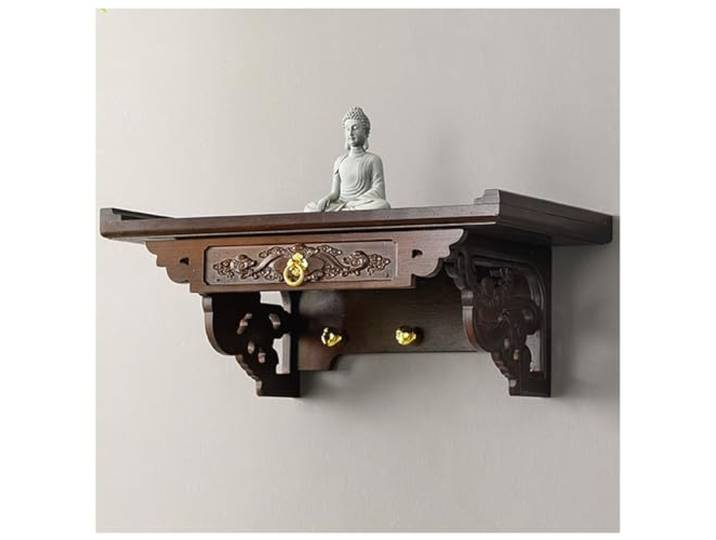 Doorhighpeak Holz Buddha Regal Statue Stand, wandmontierte Hangetisch Pooja Stand, Buddha Altar Regal Holzmöbel, chinesische Fengshui -Statue -Display -Regal