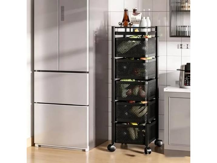 Küchenregal mit 5 Etagen, Rollwagen aus stabilem Metall Aufbewahrungswagen Stabiles Metall, 5 Ebenen, Mobiler Aufbewahrungswagen, Platzsparend, Vielseitig(Black,36.6 H*11.8 W*11.8 D)