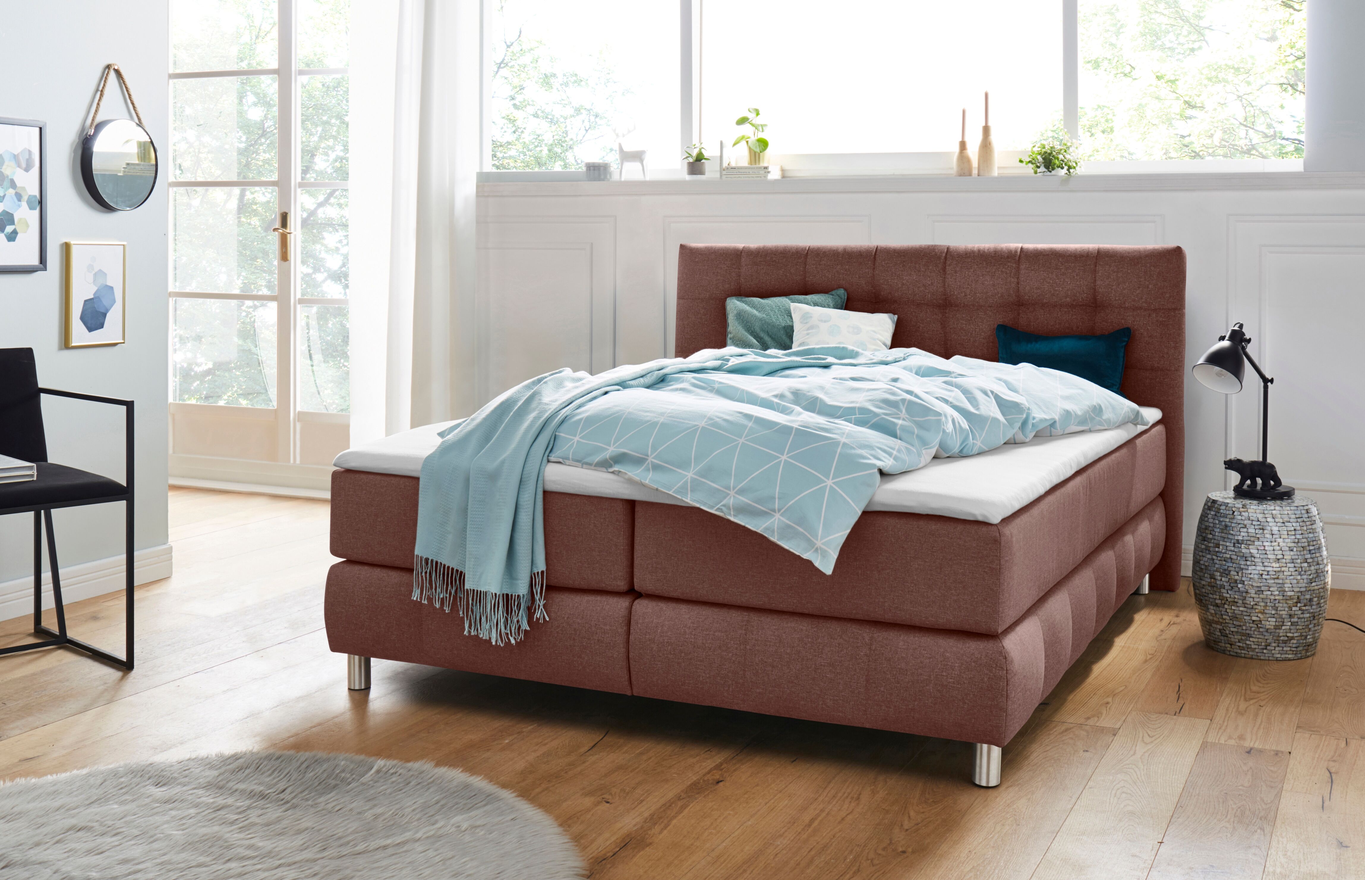 Boxspringbett HOME AFFAIRE "Salo", braun, B:174cm L:211cm, Struktur (100% Polyester);Bezug der Spiegelfläche Matratzendrell aus 100% Polyester;Samtoptik (100% Polyester), Komplettbetten, Boxspringbett, incl. Topper, 6 Breiten, 2 Härtegrade, TFK auch in Hä