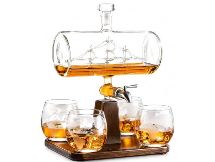 Whiskey & Wein Dekanter mit antikem Schiff – Das Wein Savant Schiff Dekanter Set mit 4 Globusgläsern, Getränkespender für Wein, Whiskey, Scotch, Rum und Likör oder Spirituosen 1000ml – Geschenk