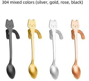 Inspired Finds Creative 304 Stainless Steel Cat Coffee Spoon Hanging Edge Cute Stirring Spoon Set Gold Plated Teaspoon 4 Small Mixed Colors