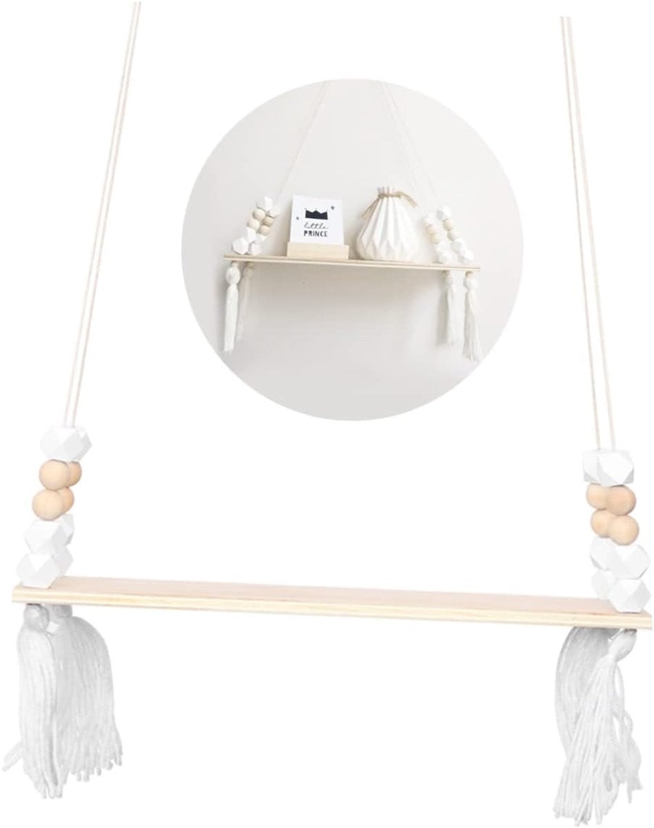Wit houten hangplank wandrek met decoratieve kwastjes