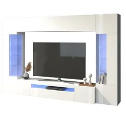 Dmora Wohnzimmermöbel Clementino, Wohnzimmer-Set TV-Möbel mit 6 Türen, Mehrzweck-Wohnzimmermöbel mit LED-Beleuchtung, cm 290x40h191, glänzend weiß