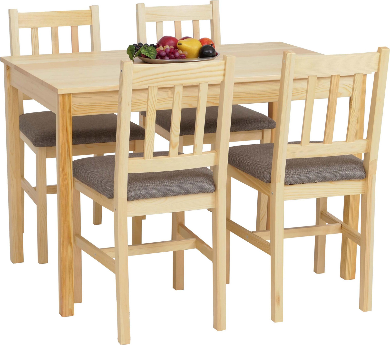 Mendler Eetkamer set HWC-F77 met massief dennenhout en grijze stoffen bekleding, naturel, 110 cm