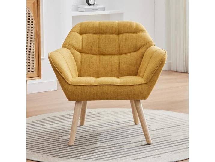 Wahson Fauteuil Salon Moderne Fauteuil Scandinave avec Pied Bois Fauteul Design Salon en Lin Rembourré Confortable Fauteuil Jaune