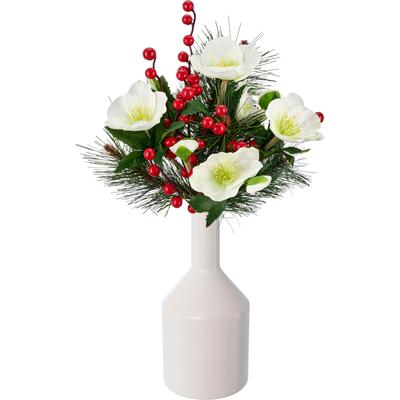 Winterliche Kunstpflanze OTTO HOME "Strauß mit Christrosen, Tannenzweigen und roten Beeren", weiß, H:45cm L:20cm T:20cm, Obermaterial: 70% Kunststoff, 30% Polyester, Kunstpflanzen, mit naturgetreuen Blüten, INKLUSIVE Keramik Vase