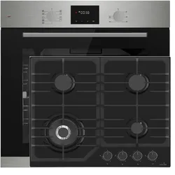 Böhme Einbauherdset mit Elektrobackofen HB60F78PPX + Gaskochfeld 60cm Schwarz Glaskeramik mit 4 Brennern WOK Brenner 3,8 kW