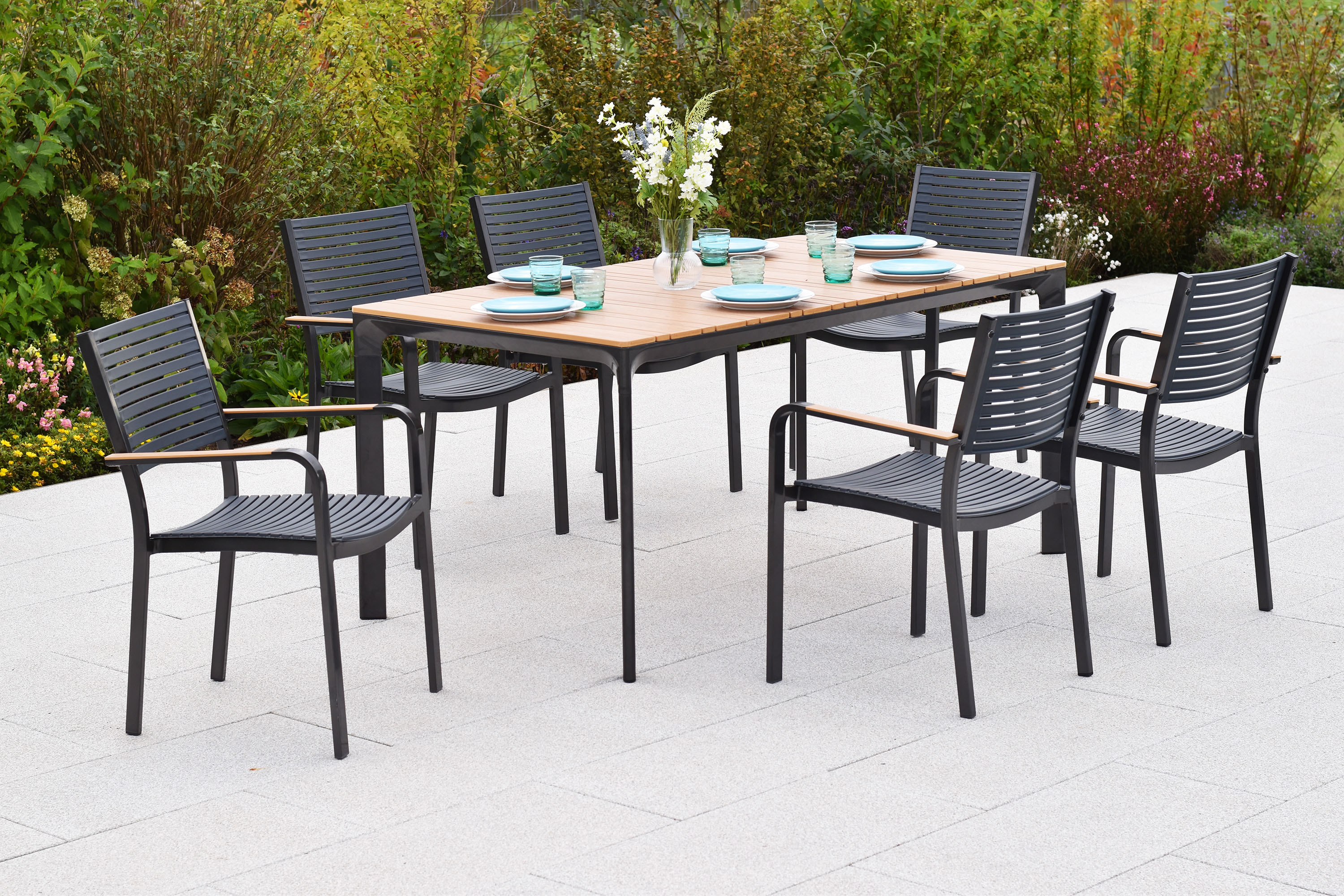 Garten-Essgruppe MERXX "»Paliano«", grau (graphit, graphit, graphit), Kunststoff, Stahl, Sitzmöbel-Sets, Garten-Essgruppe, Applikationen, Armlehnen und Tischplatte aus Kunststoff in Holzoptik