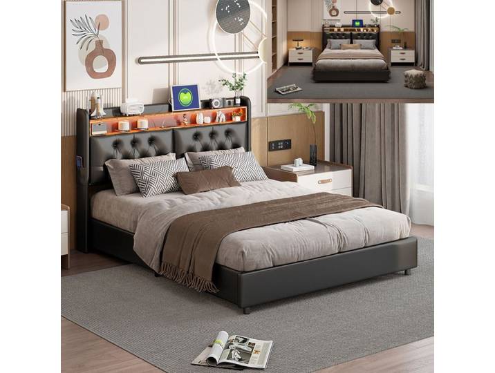 Lit 180x200 cm - LED - USB - tissu en PU - lit adulte 180x200 cm - 180x200 cm - Noir