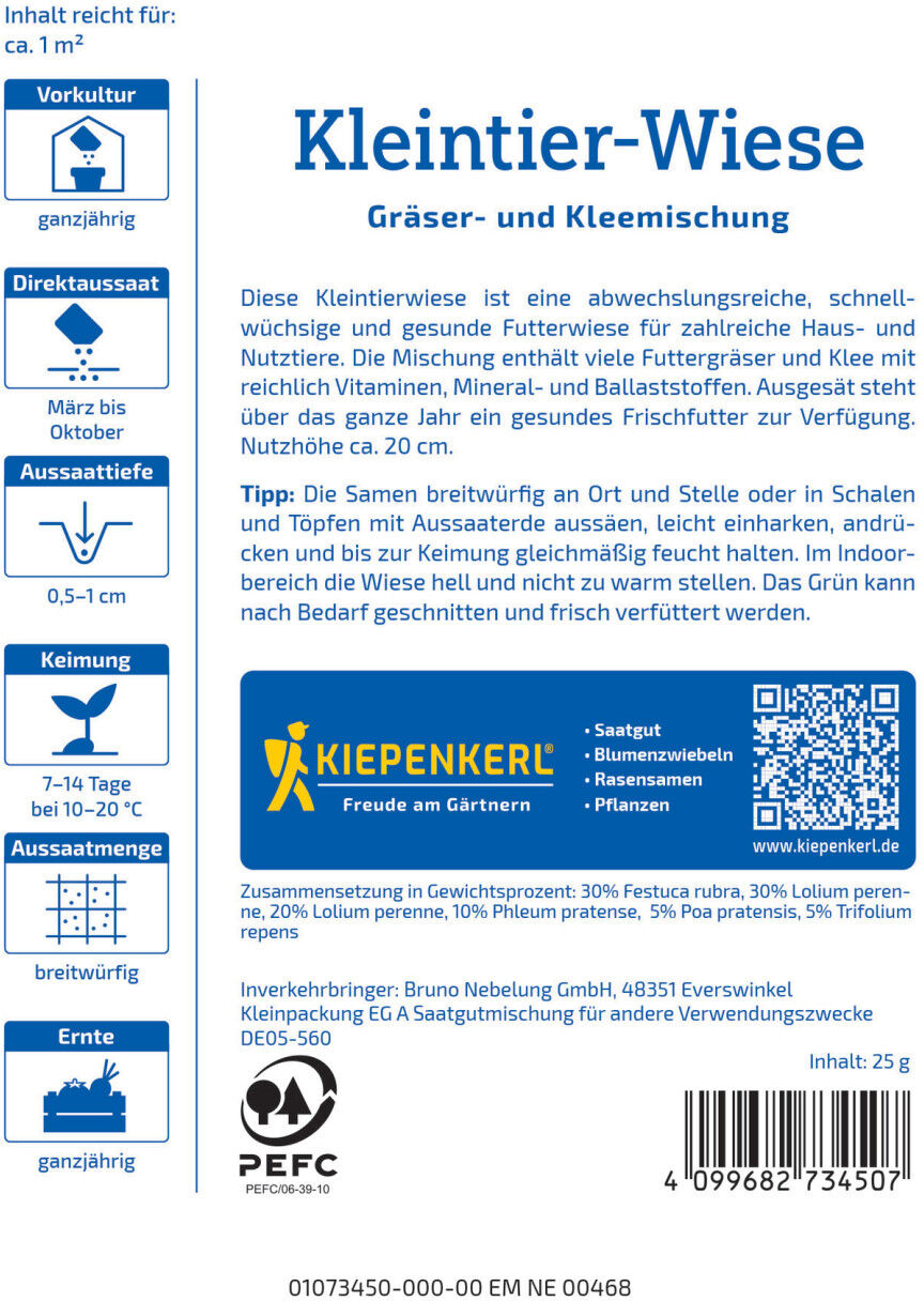 Kiepenkerl Rasensamen Kleintier-Wiese Gräser- und Kleemischung für ca. 1 m²
