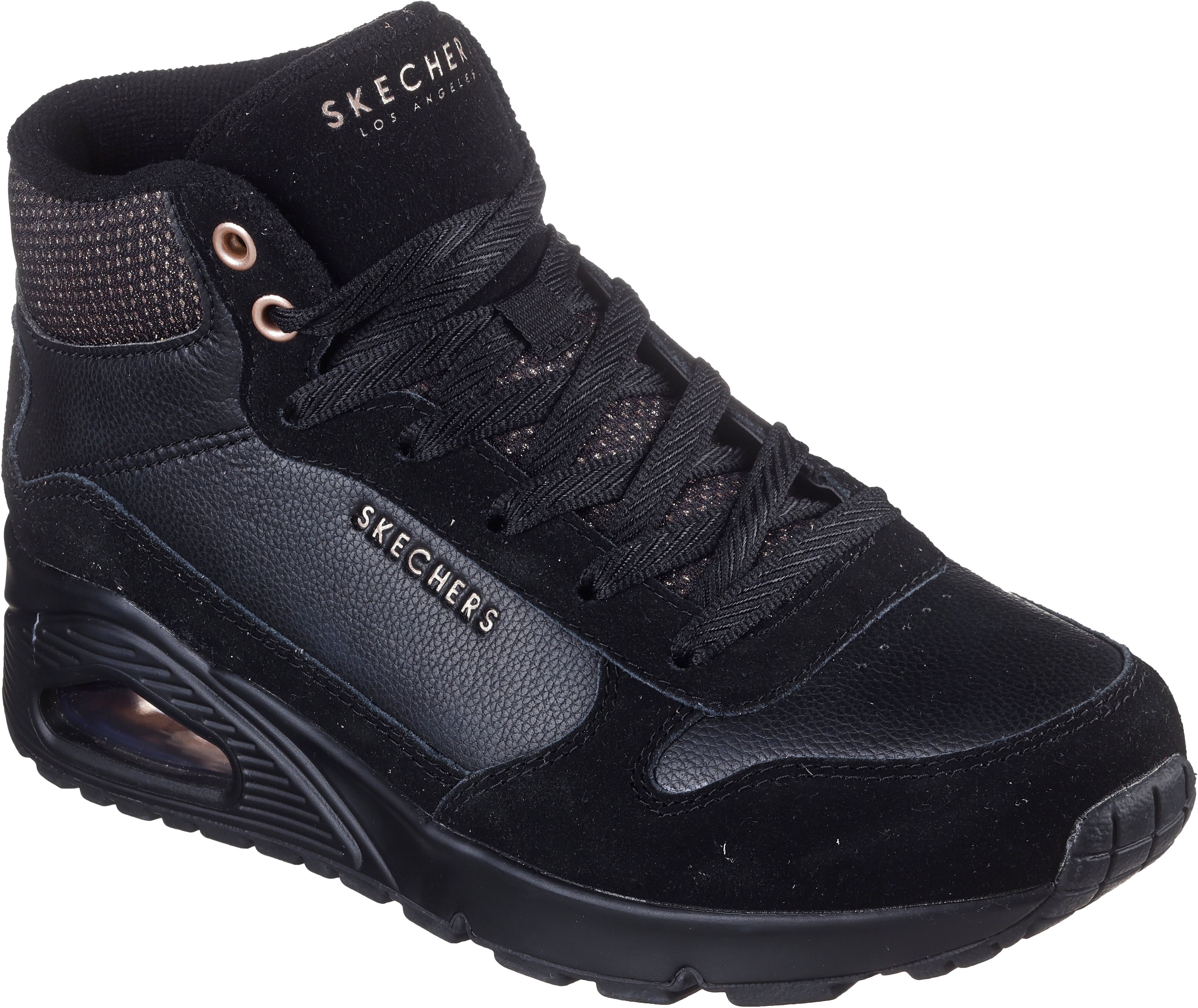 Keilsneaker SKECHERS "UNO-STACRE SHINE", Damen, Gr. 42, Textil, schwarz, Lederimitat, Textil, Veloursleder, Schuhe Keilsneaker, High Top Sneaker, Schnürboots mit Luftkammern Sohle schwarz 42, Textil
